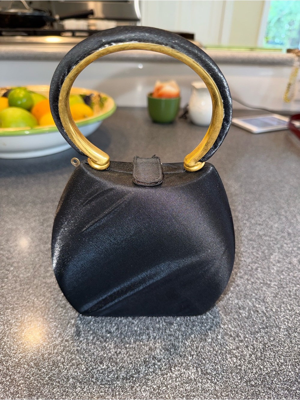Rodo Black Satin Evening Clutch with Gold Circular Handle